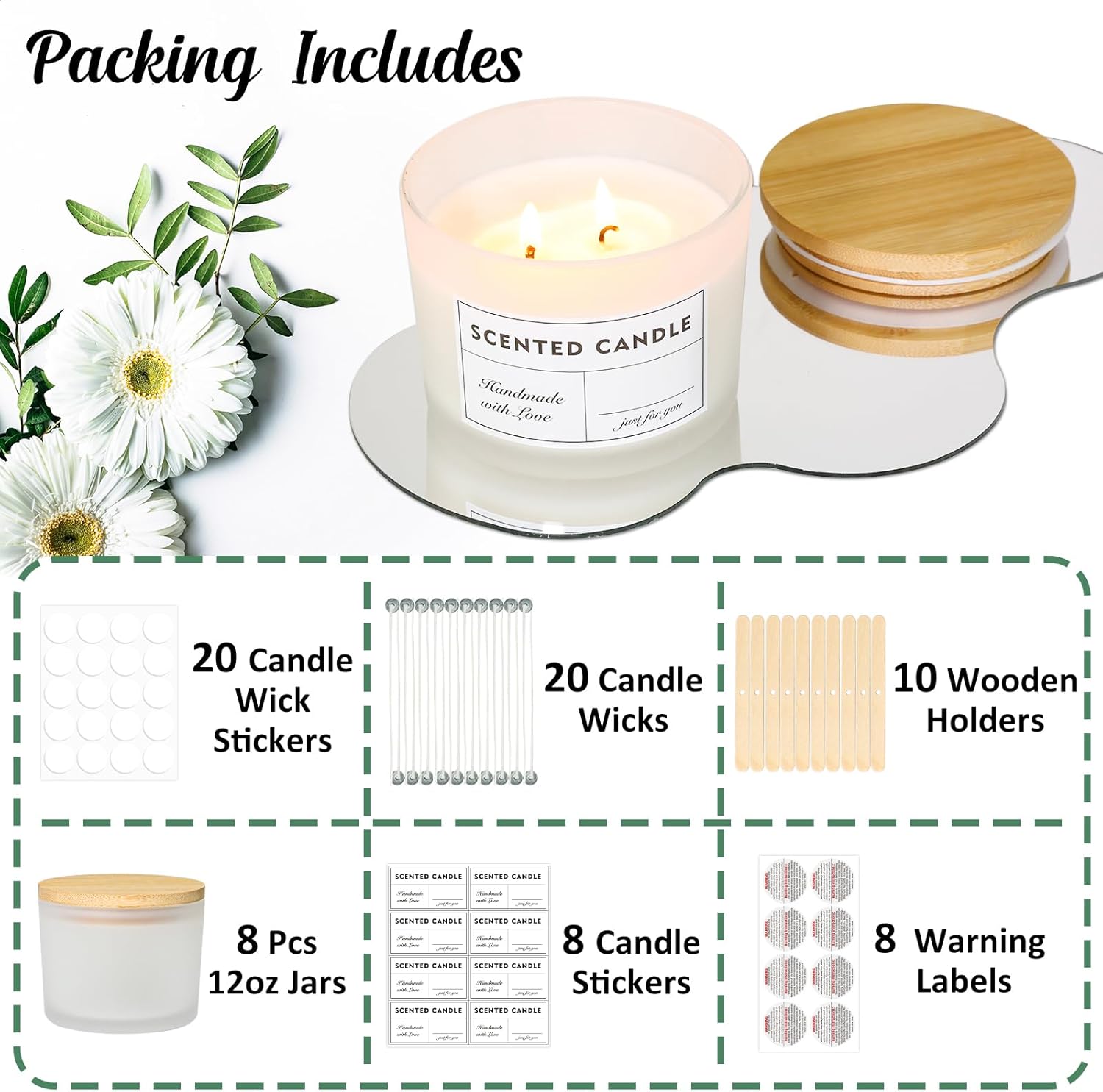 12oz Candle Jars 8 Pack with Bamboo Lids and Wick Kit