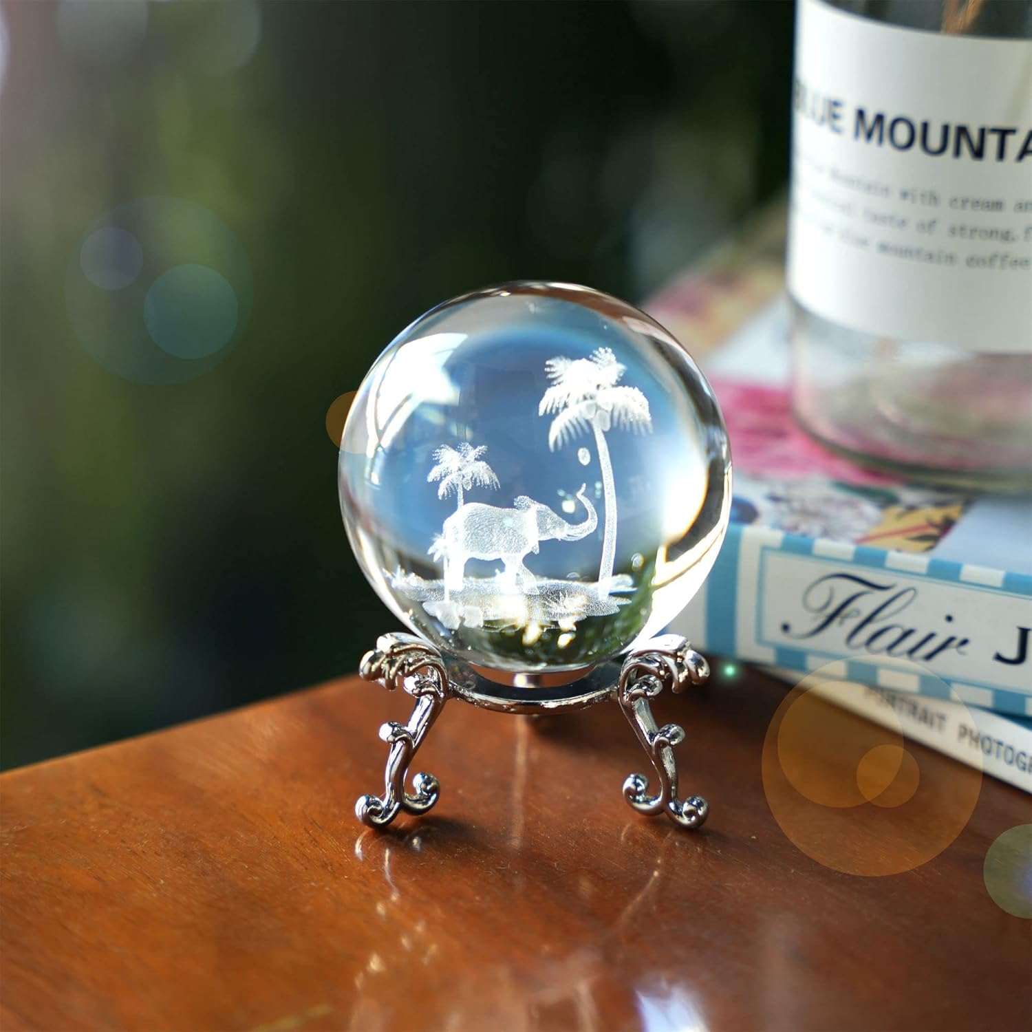 Tropical Elephant Crystal Ball Paperweight with Stand 60mm