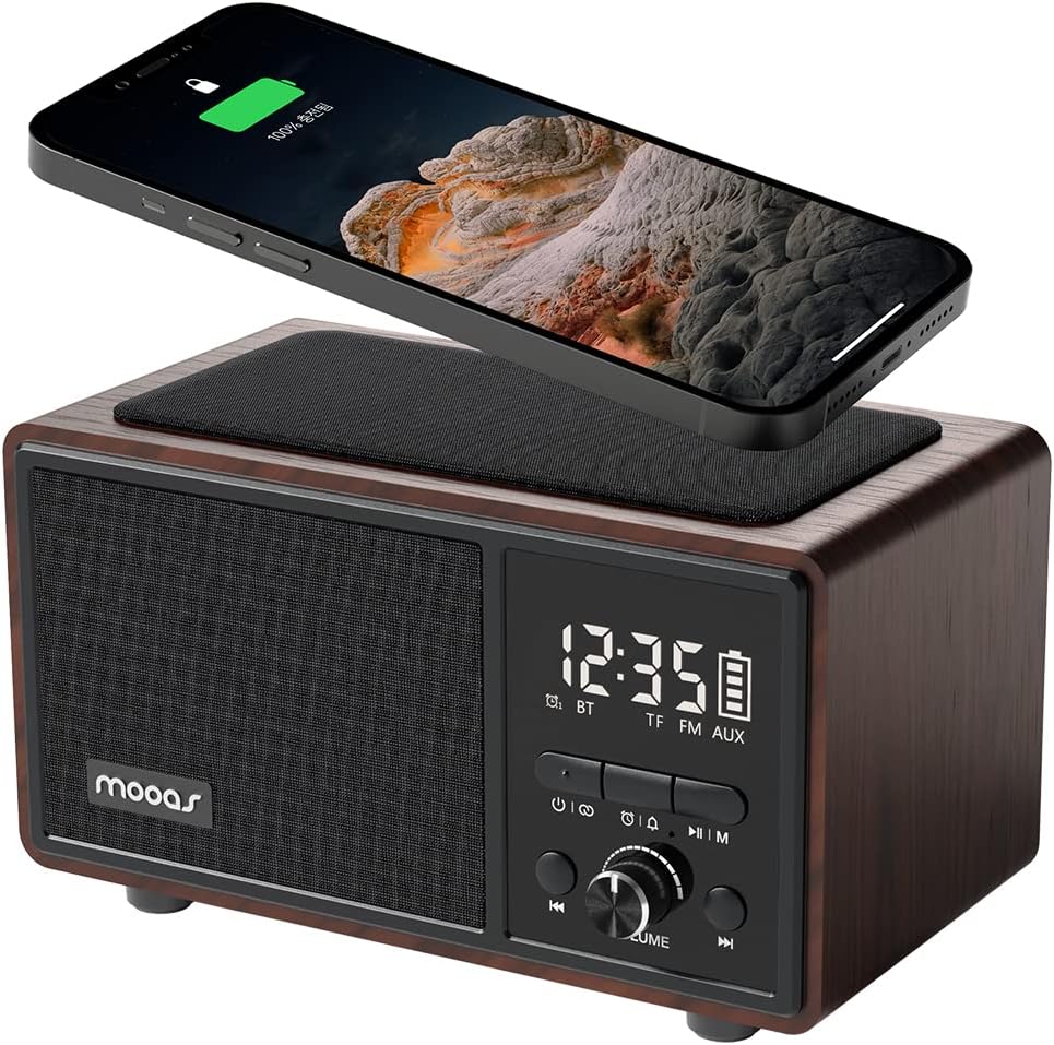 mooas Retro Bluetooth Radio Speaker with Clock and Wireless Charger