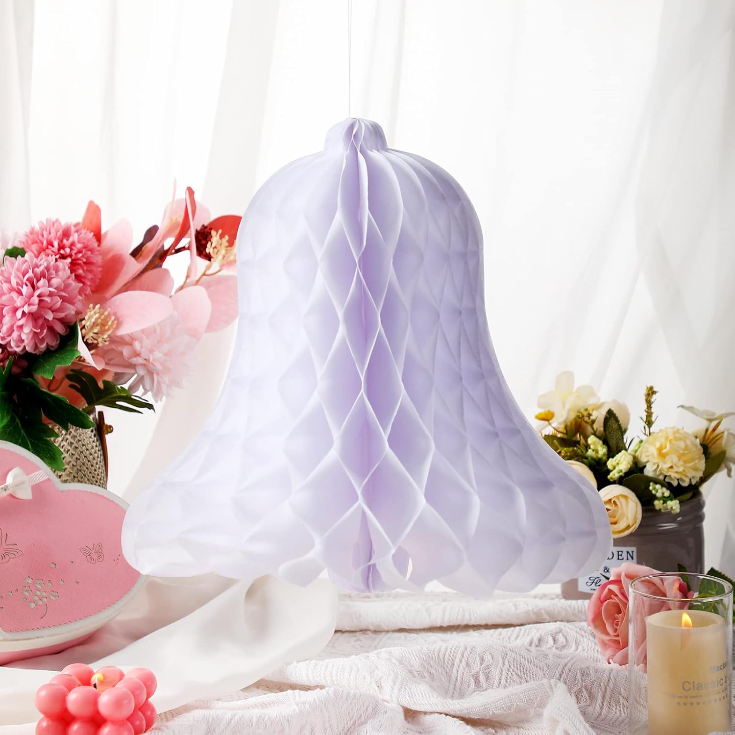 10 Pcs White Honeycomb Wedding Bells with 2 Rolls Ribbons