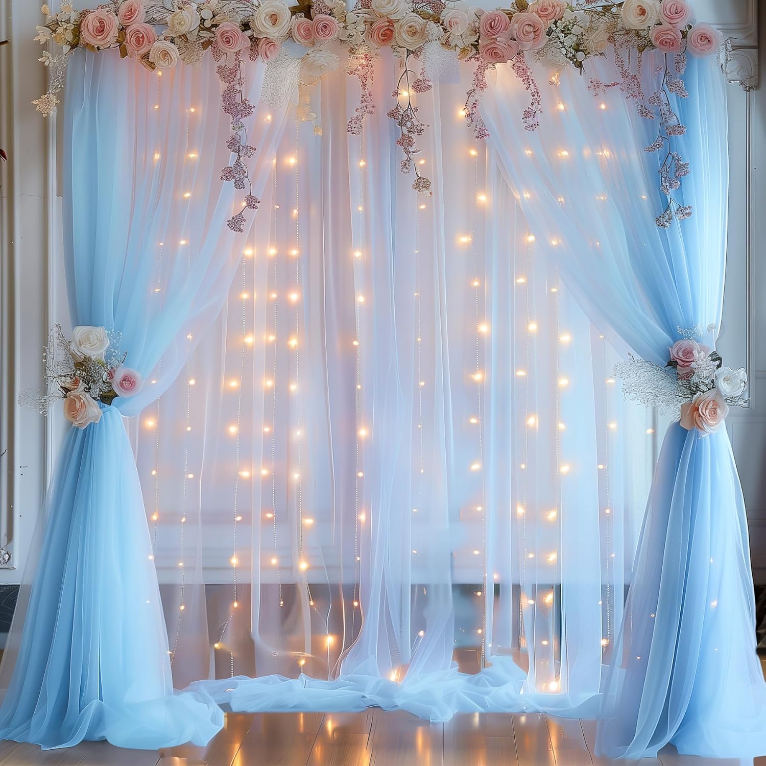 10x10ft Baby Blue Tulle Backdrop with String Lights for Parties