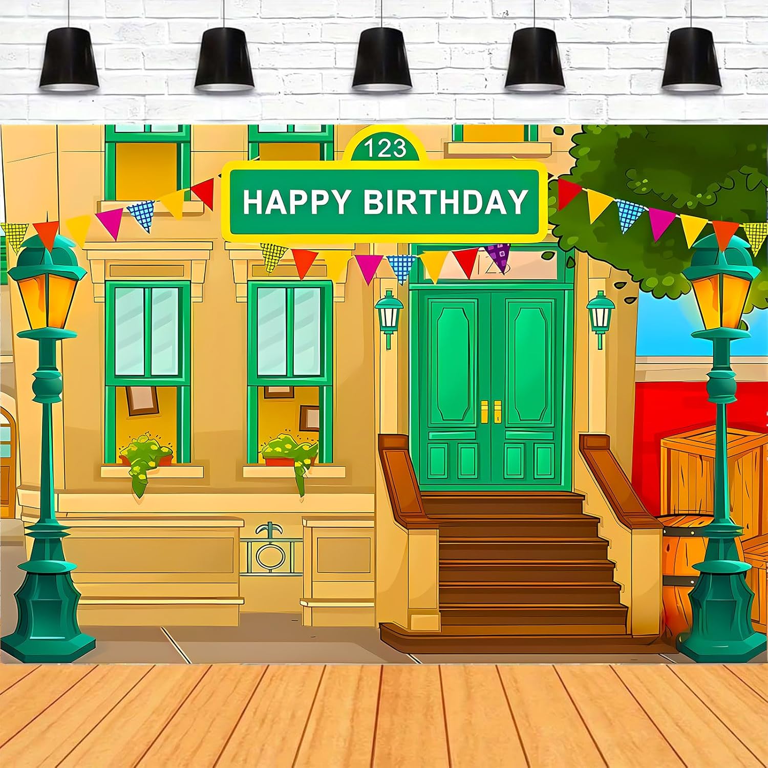 Happy Birthday Cartoon Street Theme Brick Wall Photo Background