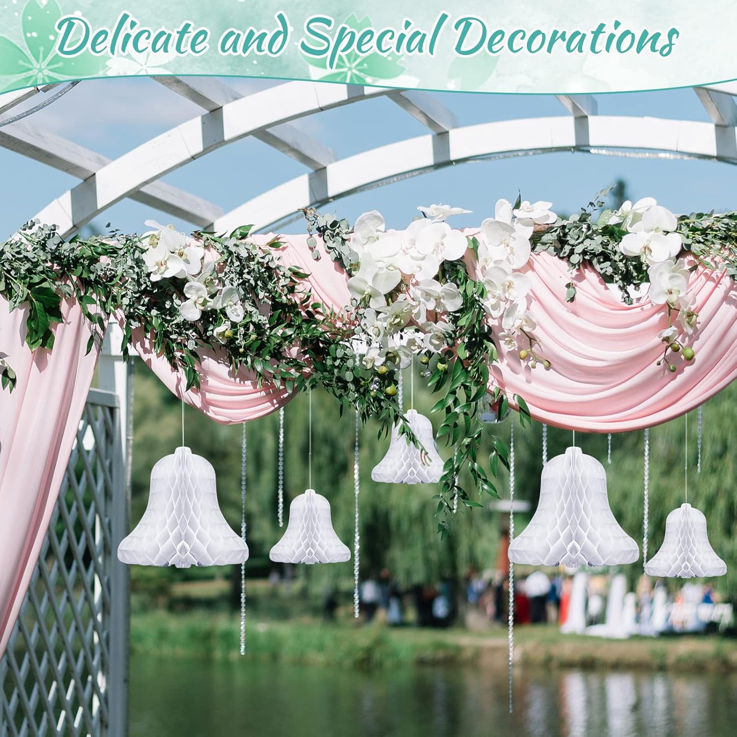 10 Pcs White Honeycomb Wedding Bells with 2 Rolls Ribbons