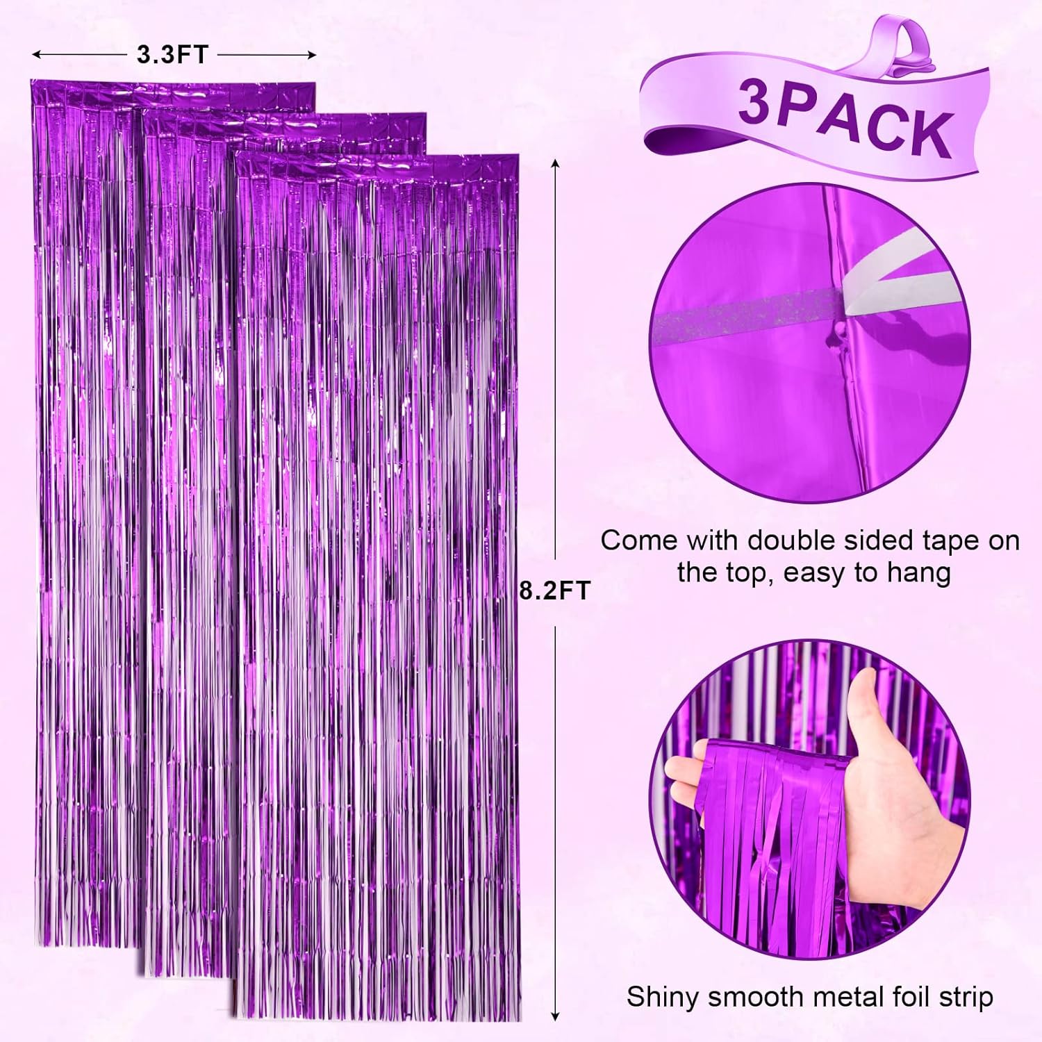 3 Pack Purple Foil Fringe Backdrop Curtains for Parties