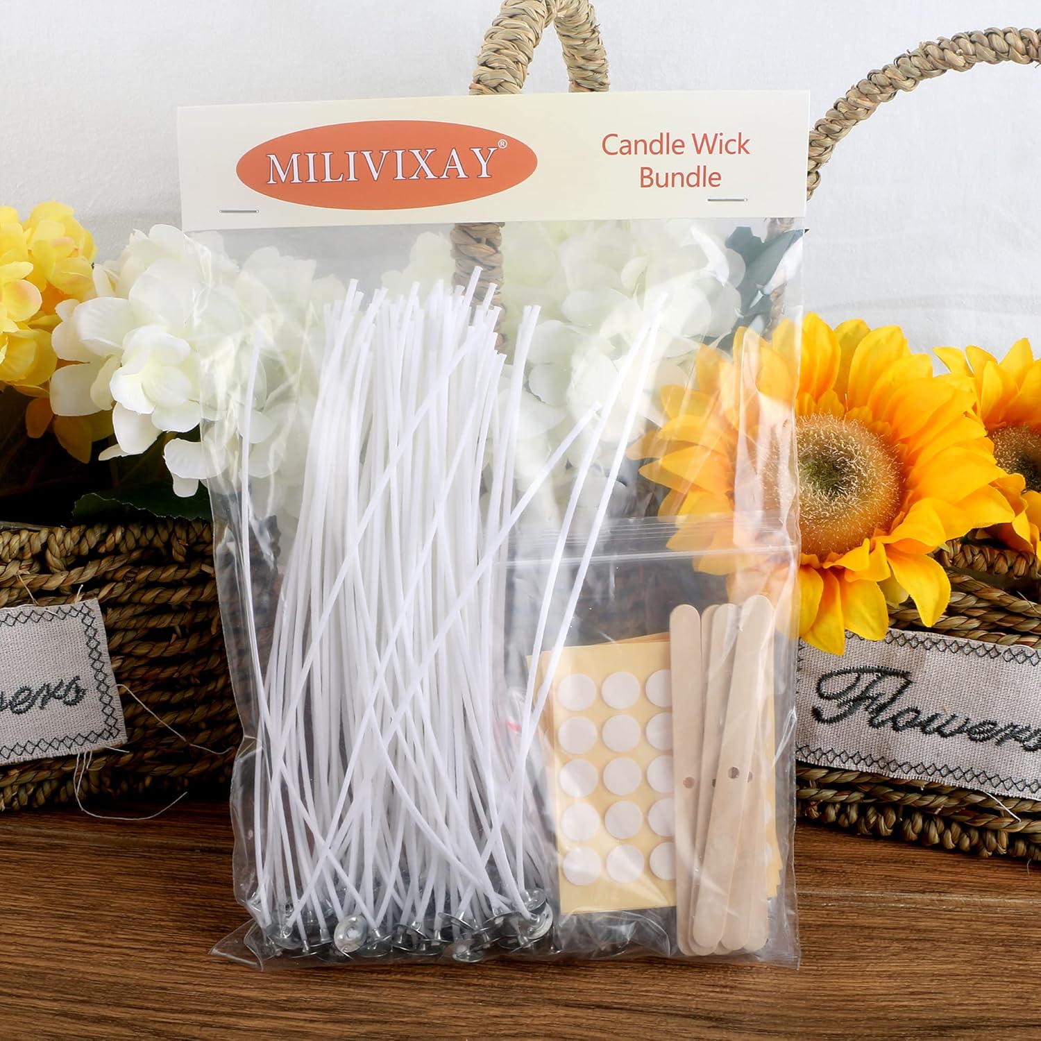 MILIVIXAY 100PCS 8 Inch Candle Wicks with Metal Tabs and Wood Holders