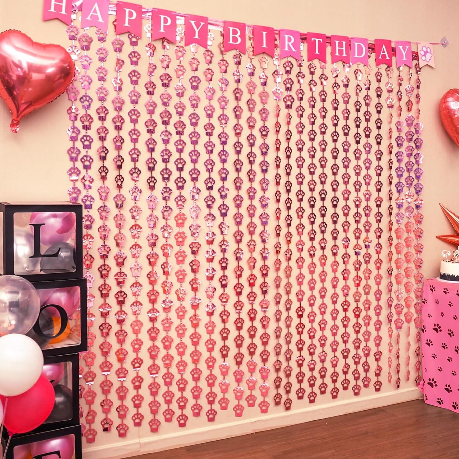 Pink Cat Paw Foil Fringe Curtains 2 Pack