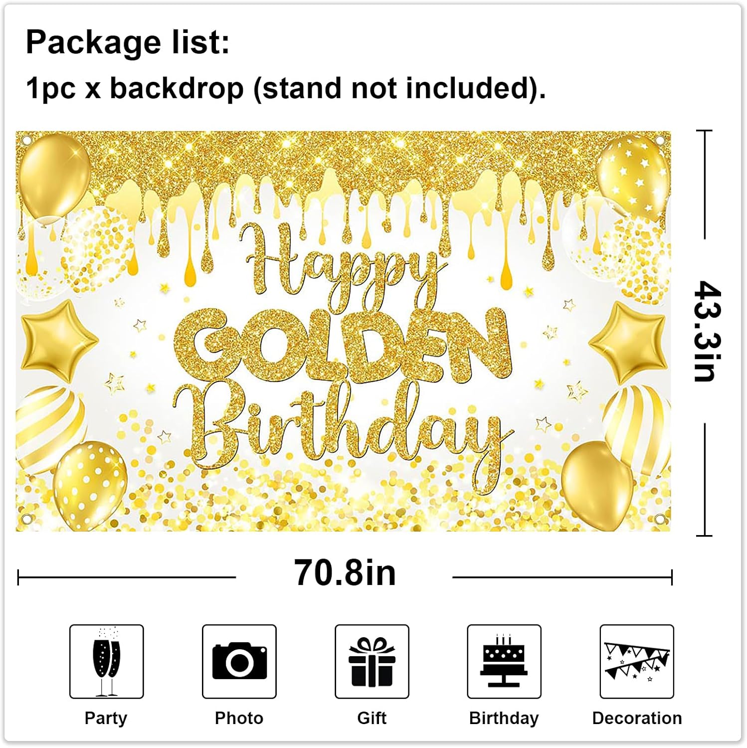 Happy Golden Birthday Backdrop with Balloons and Glitter