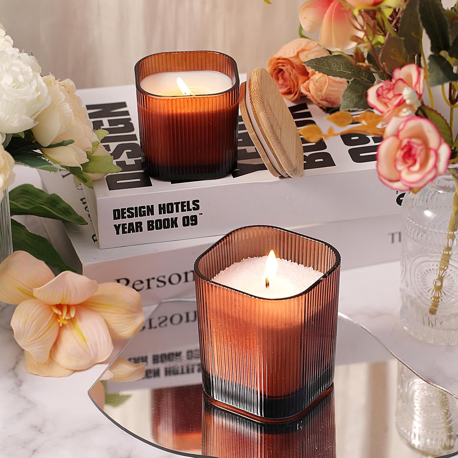 12oz and 6oz Amber Glass Candle Jars Set of 12 with Lids