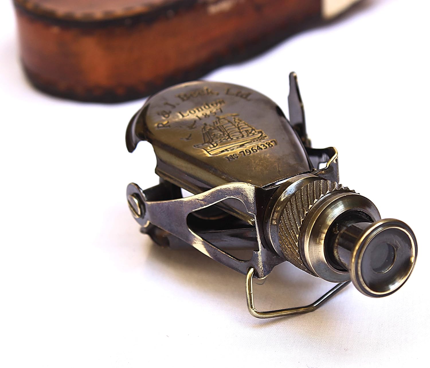 Antique Brass R J Beck London Small Binocular with Leather Case