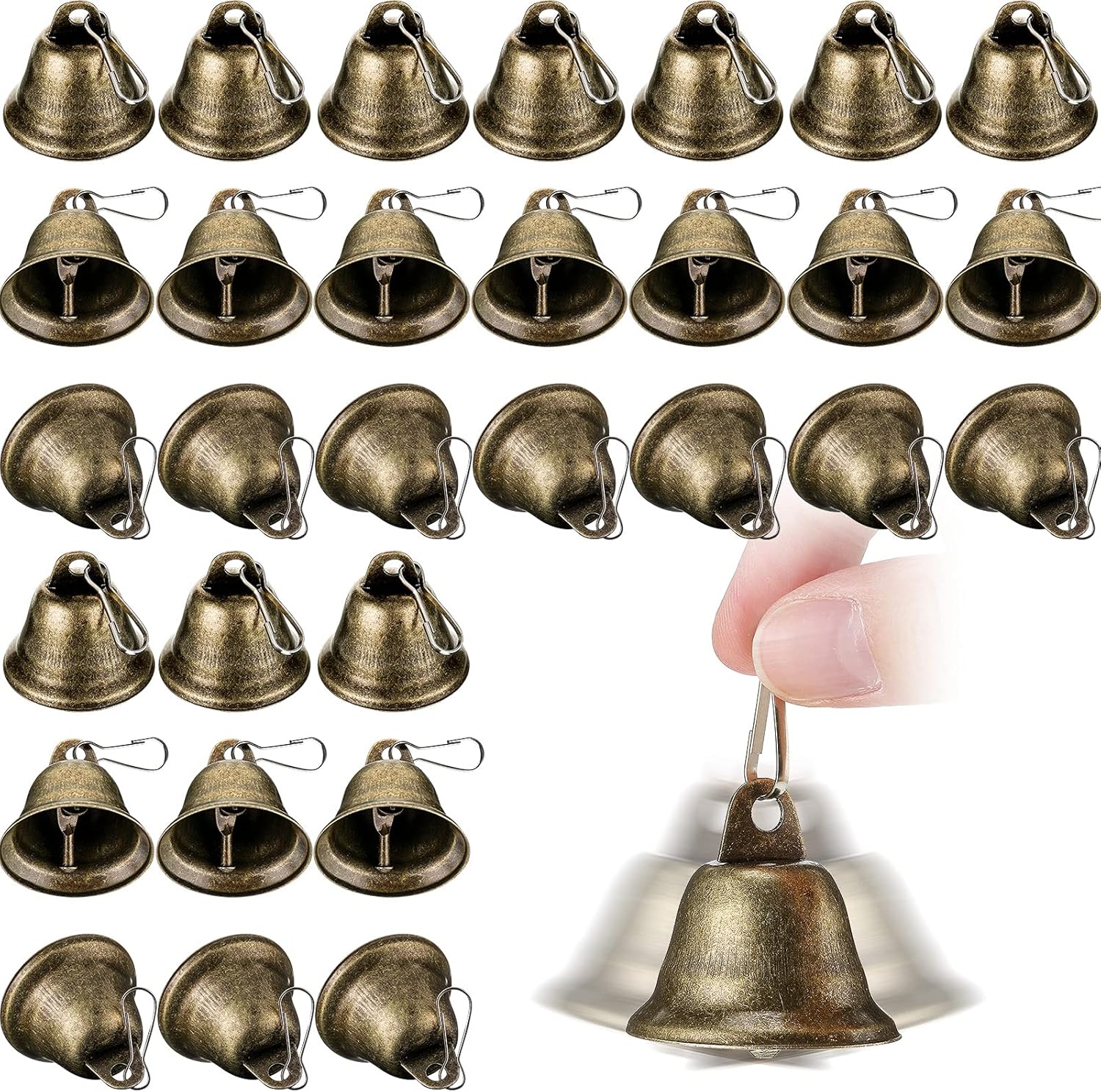 30 Pieces Mini Brass Bells with Spring Hooks for Crafts