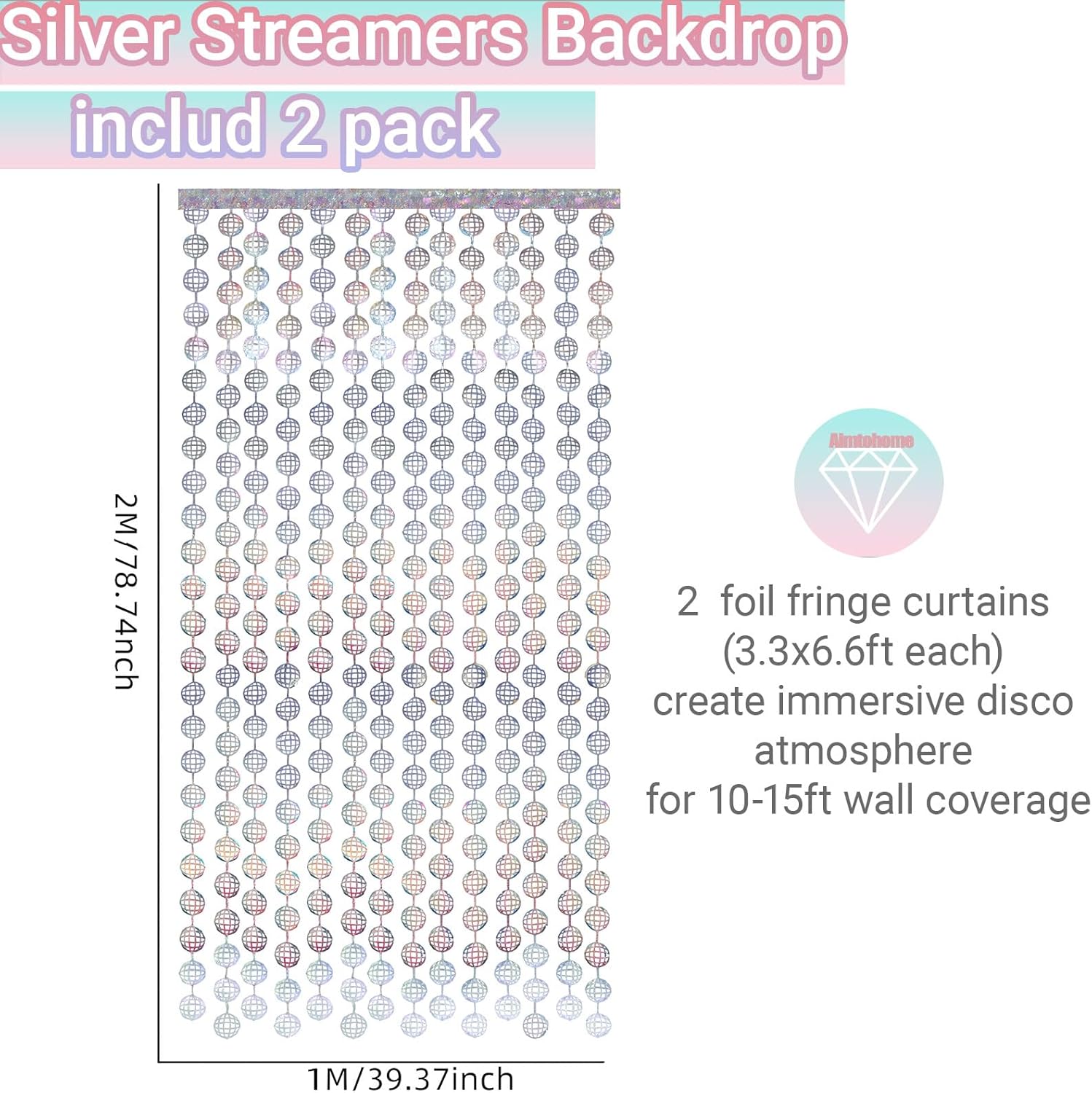 Disco Party Decorations 2 Pack Silvery Foil Curtains