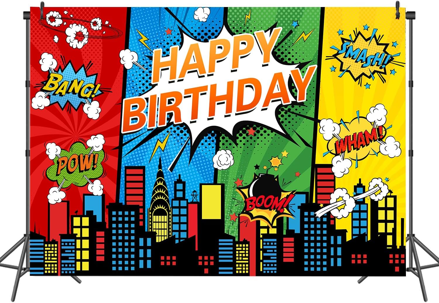 7x5FT Cartoon Superhero Cityscape Birthday Party Backdrop