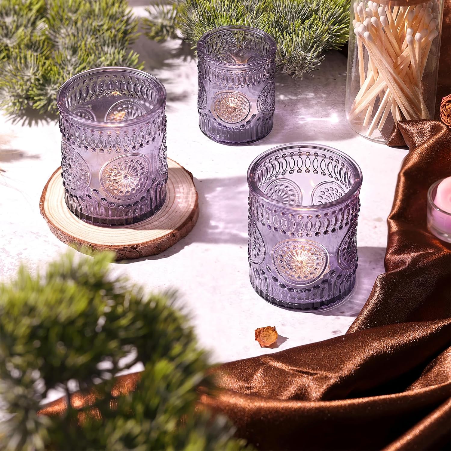 8oz Purple Embossed Glass Candle Jars Set of 8