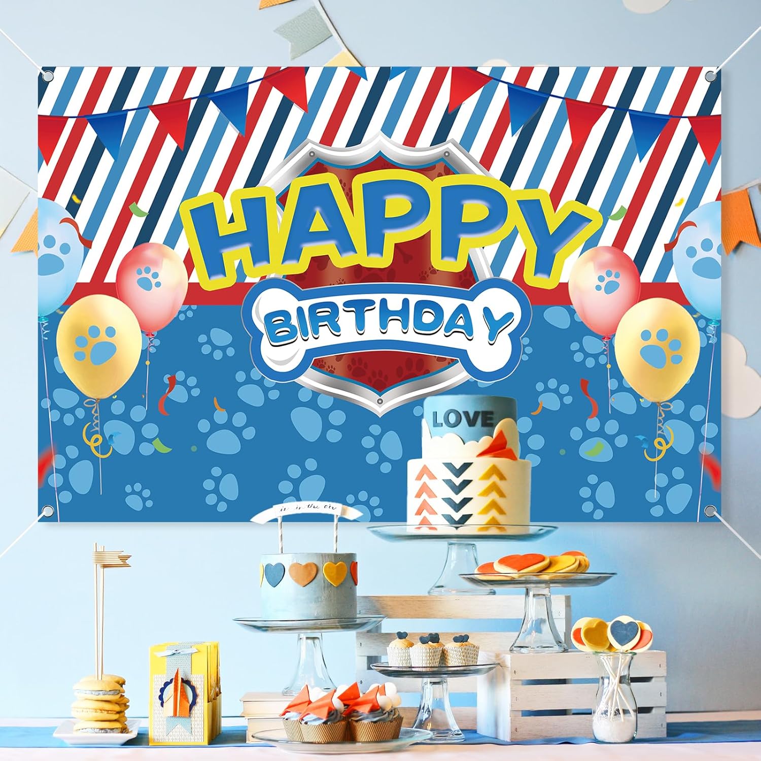 5x3ft Blue Dog Paw Birthday Party Backdrop