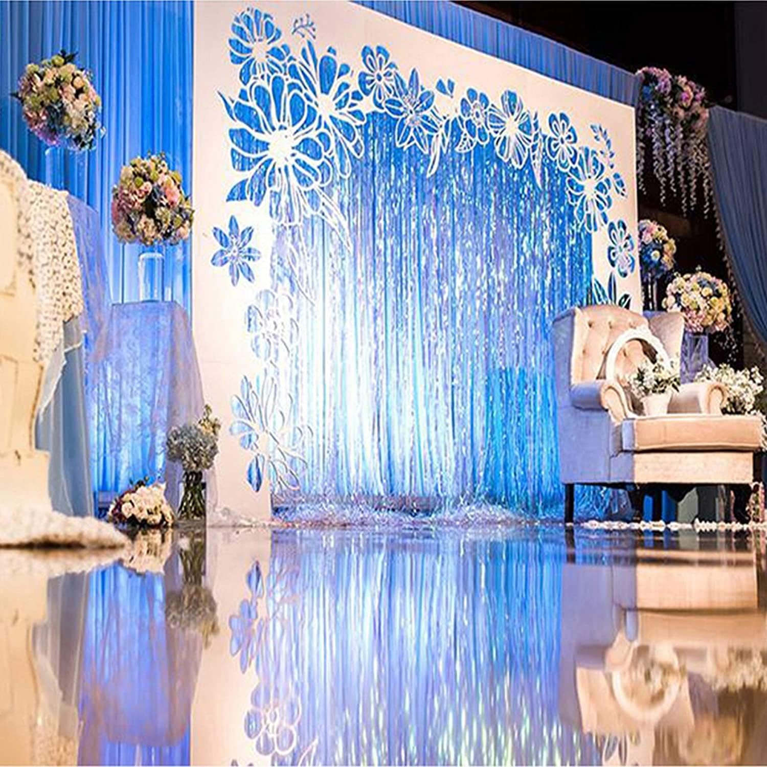 BRAVESHINE Blue Tinsel Foil Fringe Curtains 2Pcs