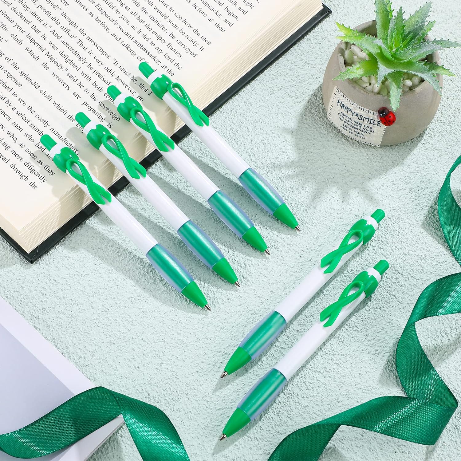 Yexiya 200 Pcs Green Ribbon Awareness Pen Set
