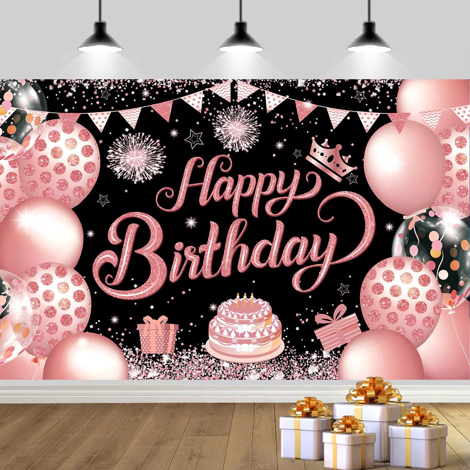 YinQin 180x120 cm Black Rose Gold Happy Birthday Photography Backdrop Cloth