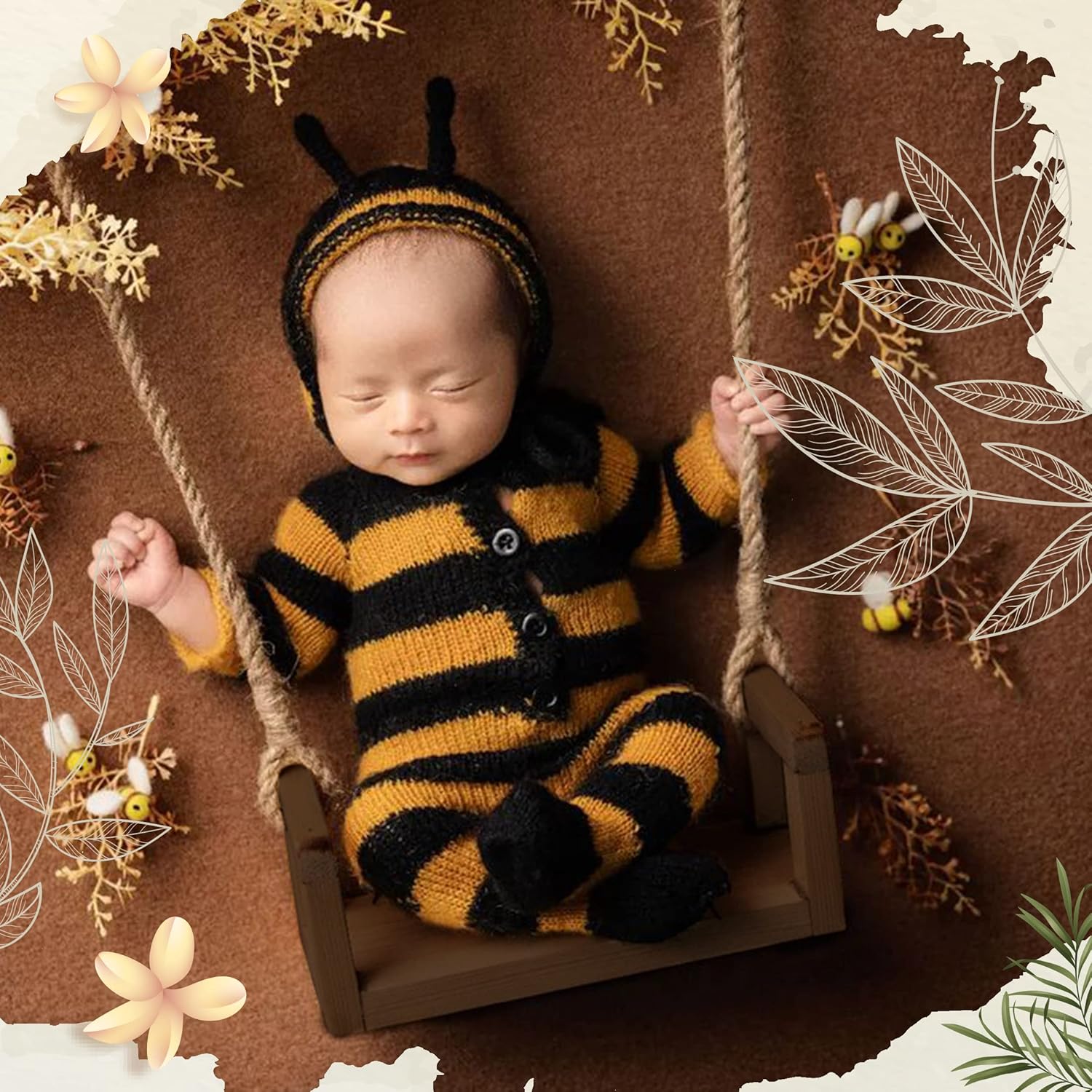 MG House Wooden Swing Baby Photo Prop Brown 6 Sunflowers