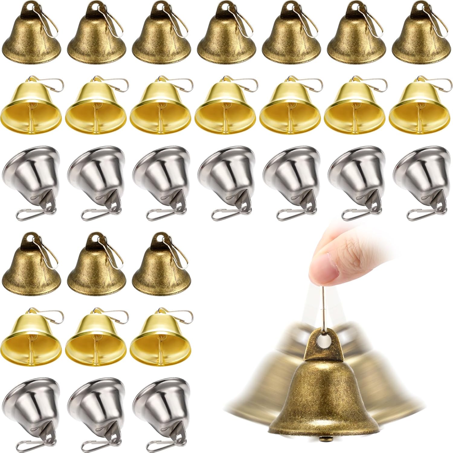 30 Piece Mini Brass Bells with Spring Hooks for Crafting