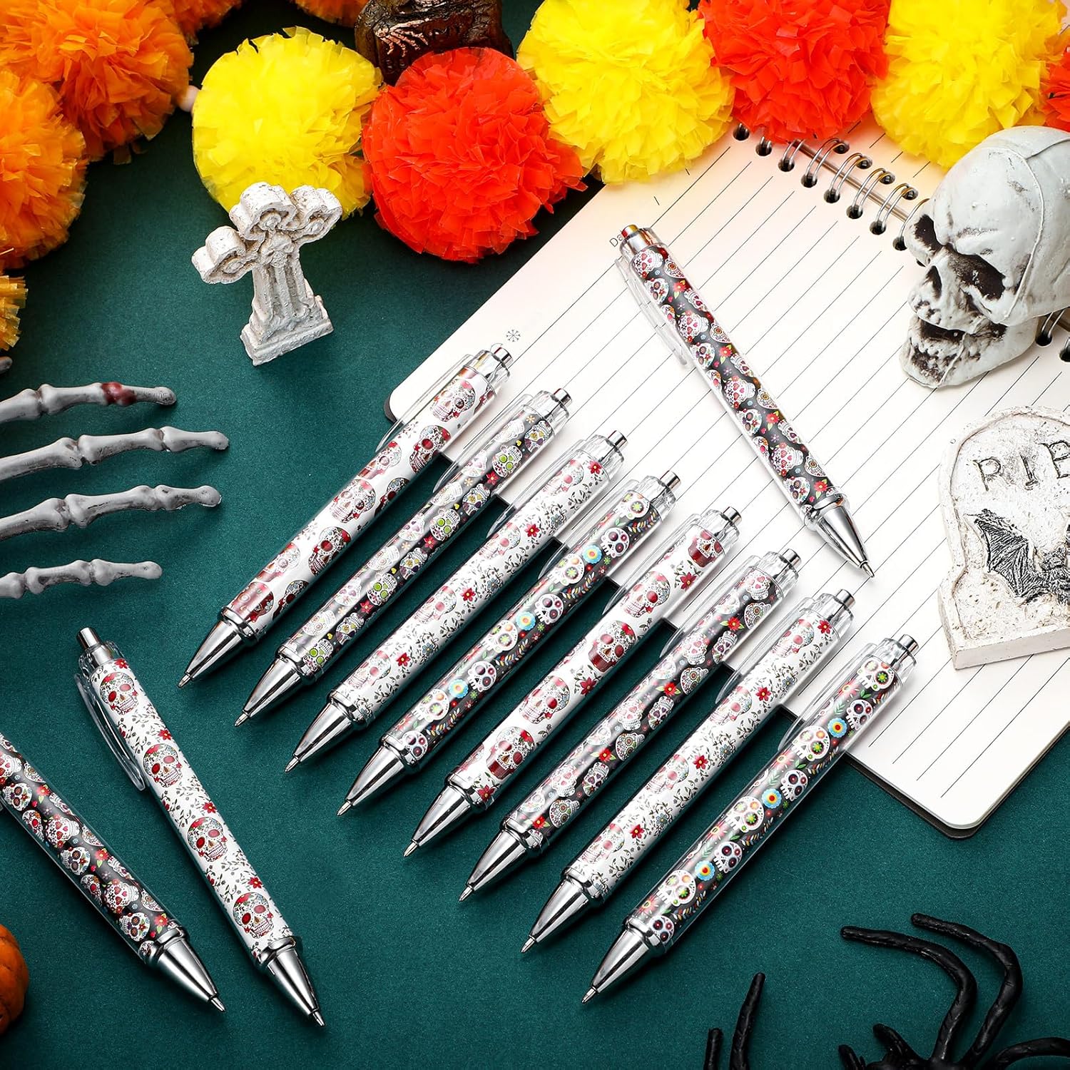 25 Pcs Holographic Sugar Skull Pens for Halloween Day of the Dead
