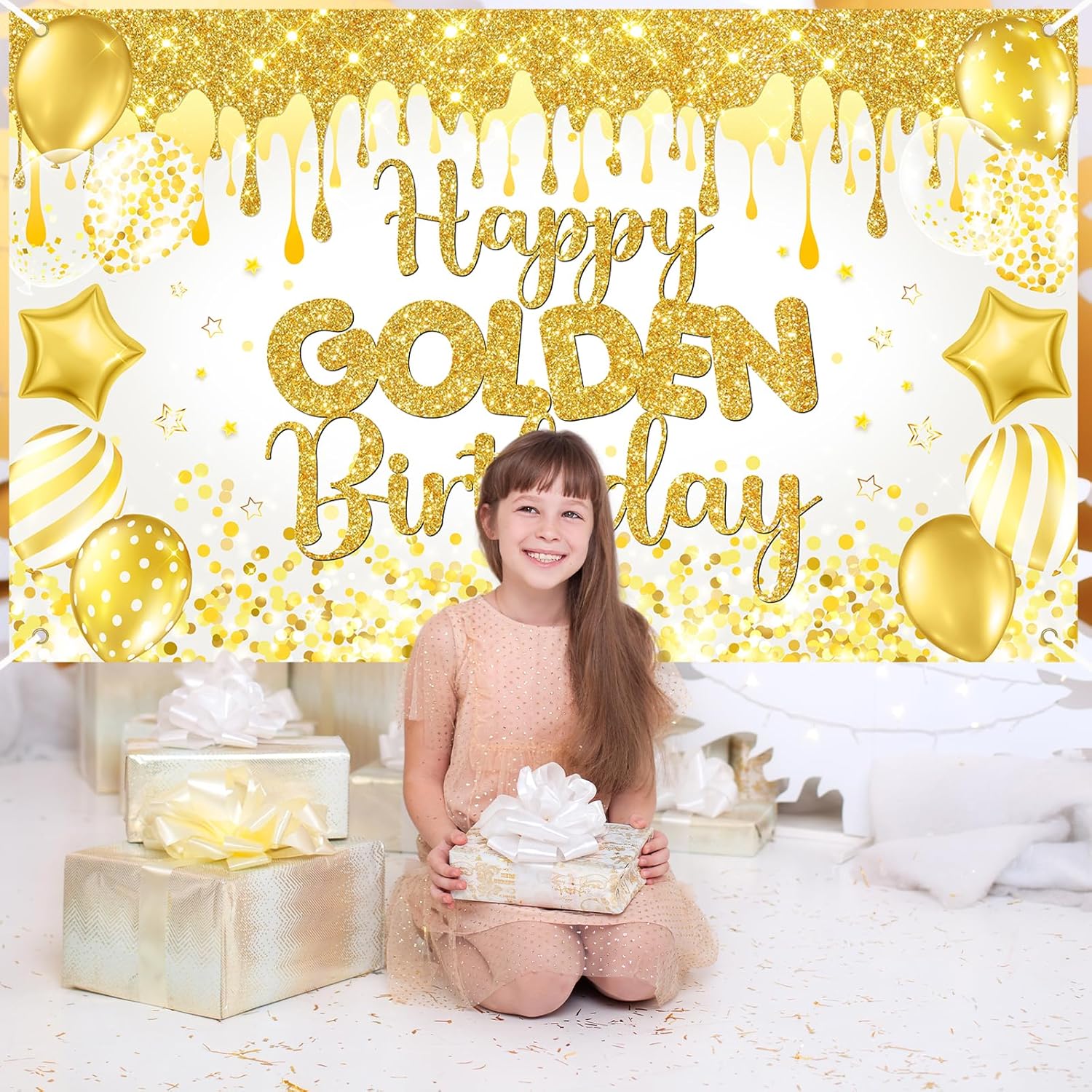 Happy Golden Birthday Backdrop with Balloons and Glitter
