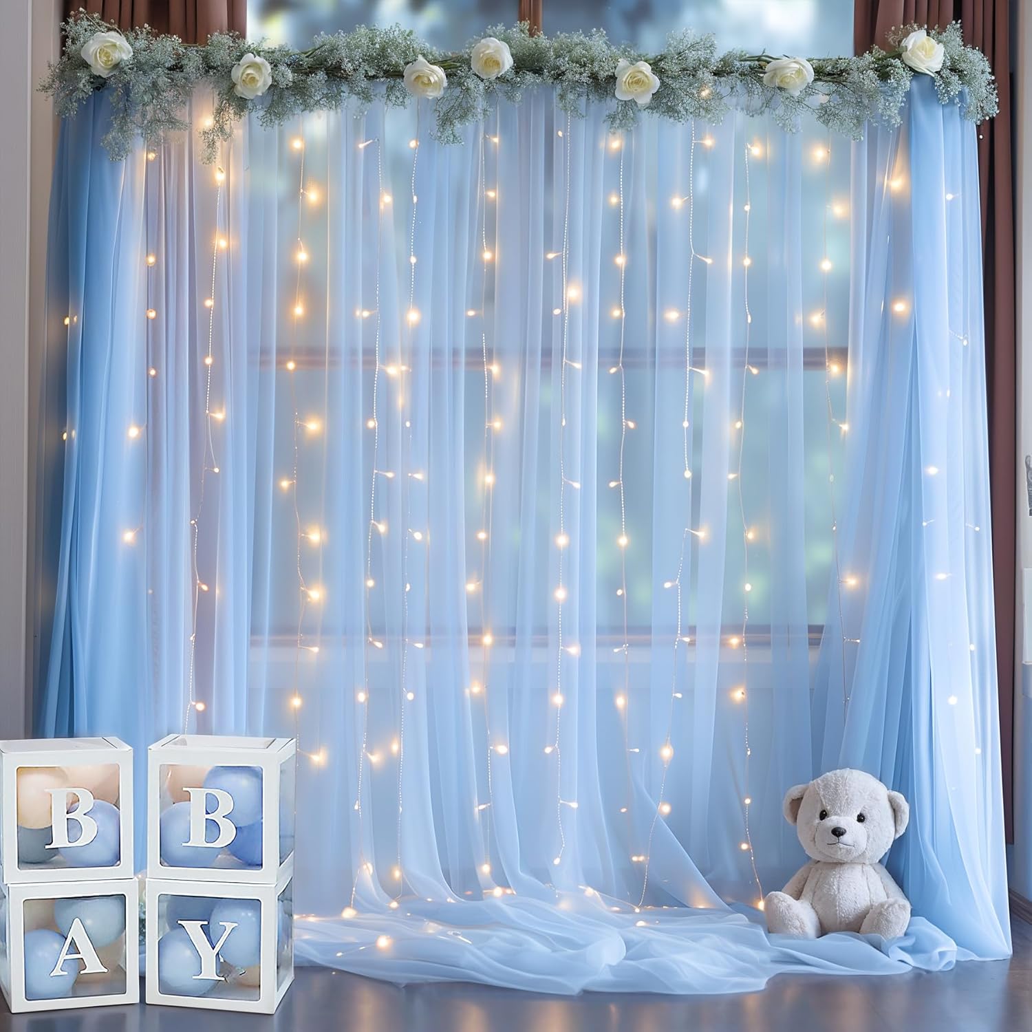 10x10ft Baby Blue Tulle Backdrop with String Lights for Parties