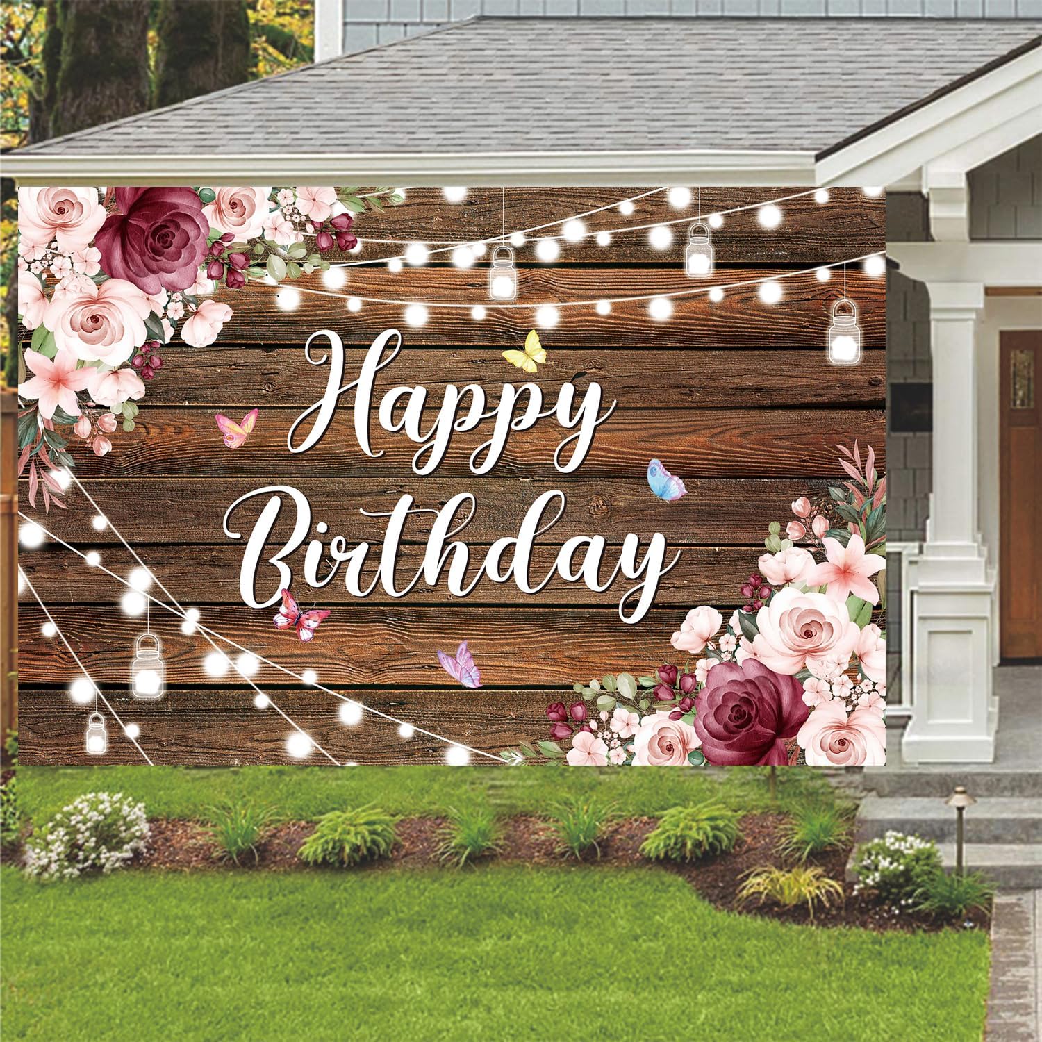 YinQin Rustic Wood Flower Happy Birthday Backdrop Cloth Banner 180x120cm