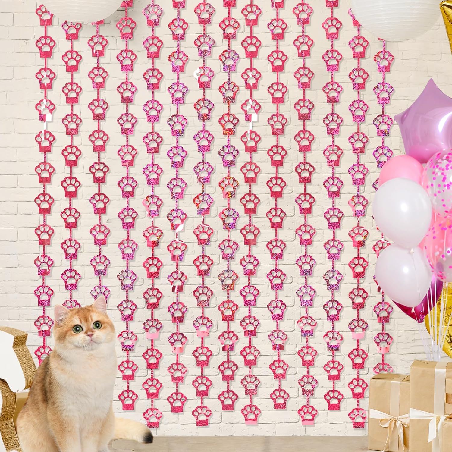 Pink Cat Paw Foil Fringe Curtains 2 Pack
