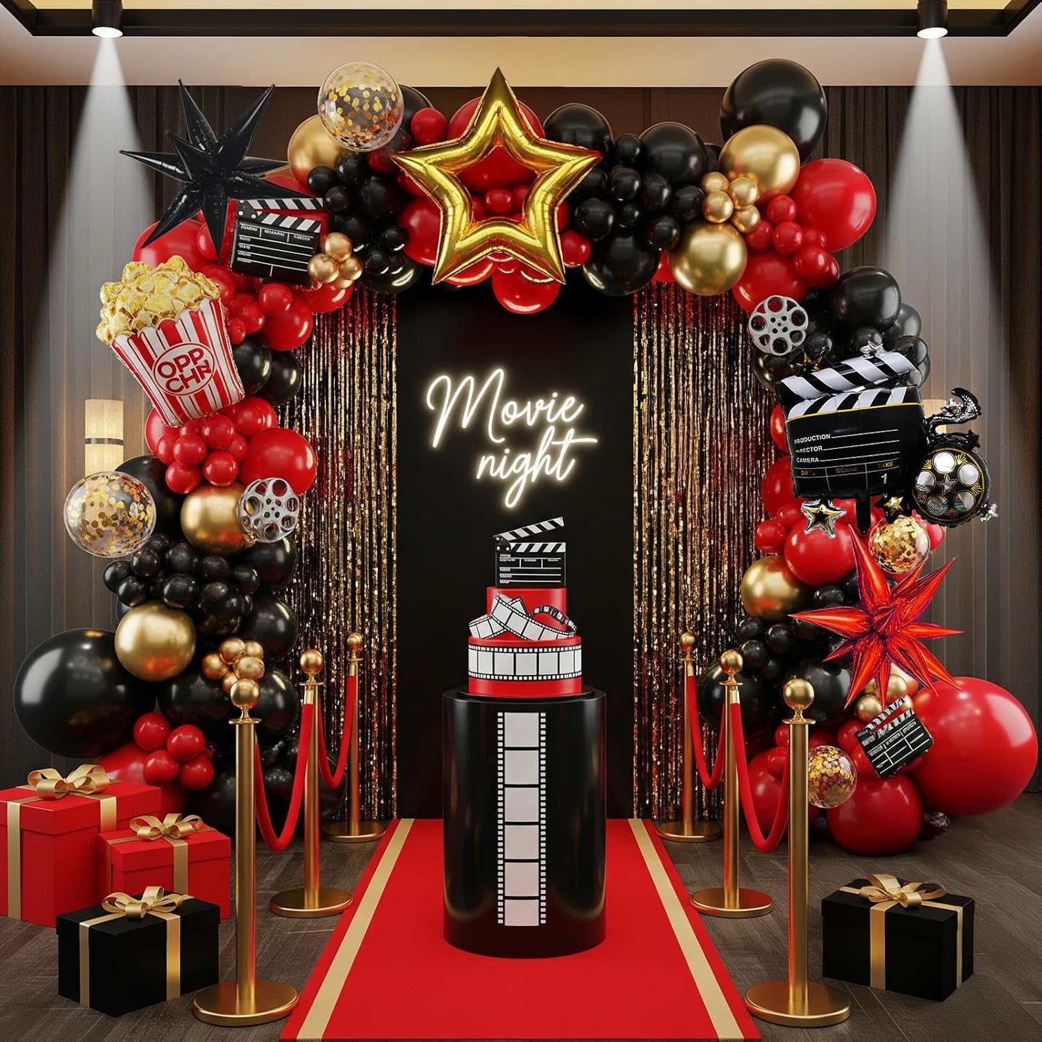 Movie Night Balloon Garland Arch Set Red Black Gold