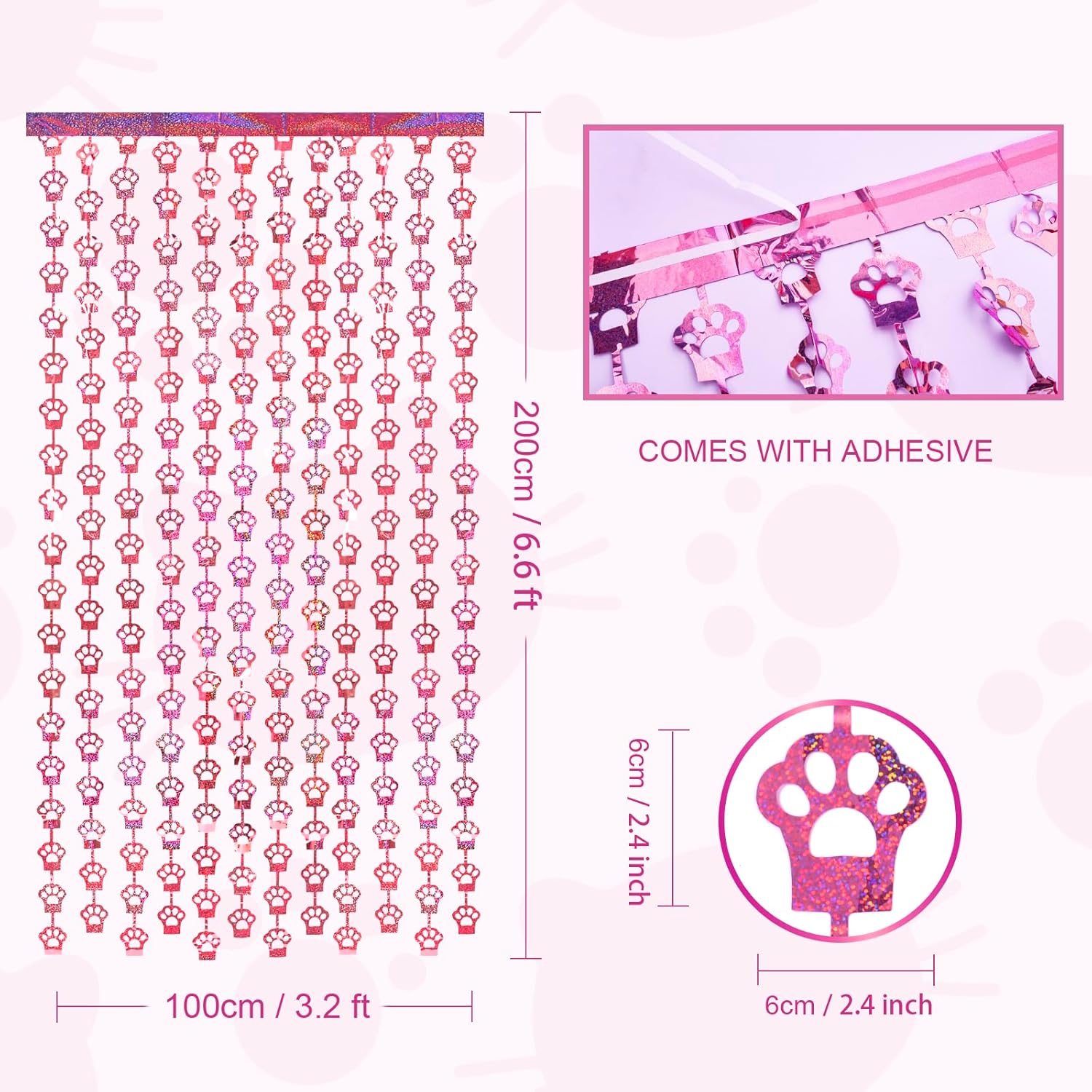 Pink Cat Paw Foil Fringe Curtains 2 Pack