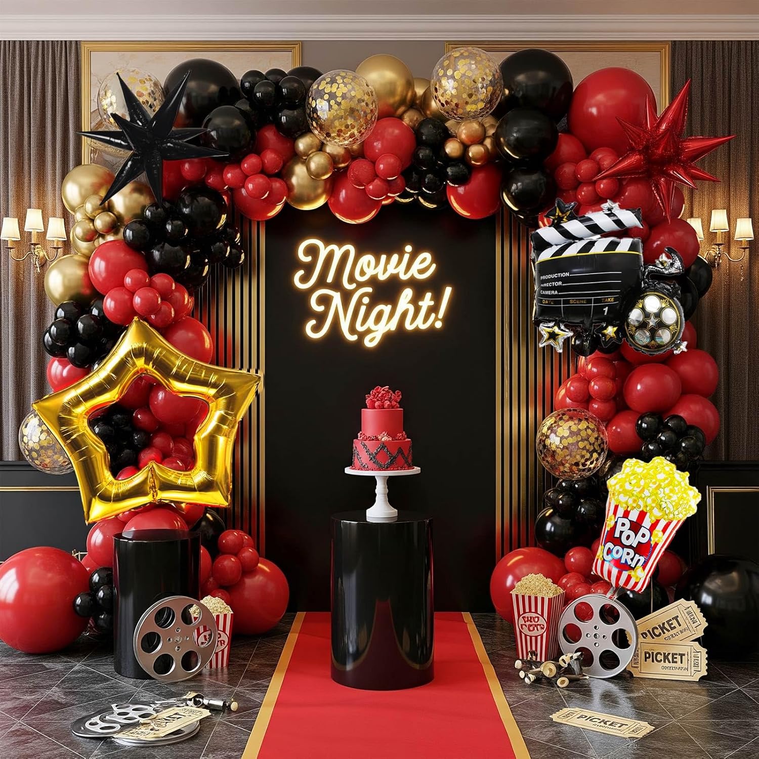 Movie Night Balloon Garland Arch Set Red Black Gold