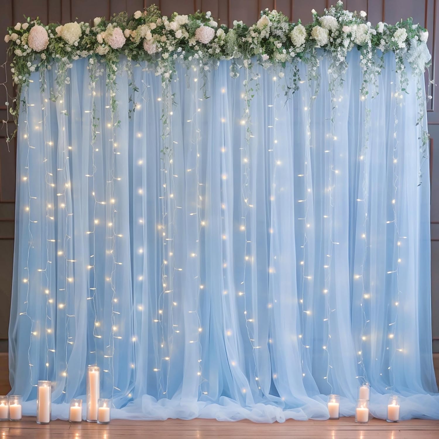 10x10ft Baby Blue Tulle Backdrop with String Lights for Parties