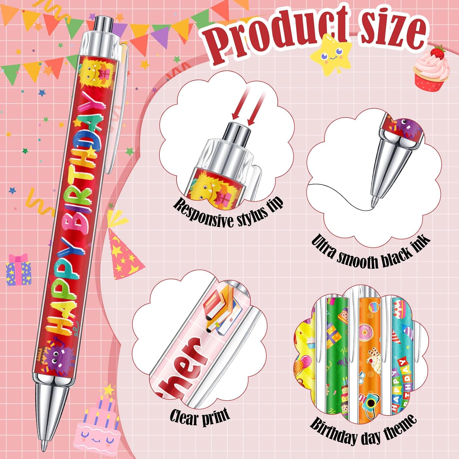 Cholemy 96 Pcs Birthday Pens Bulk Happy Birthday Ballpoint Pens