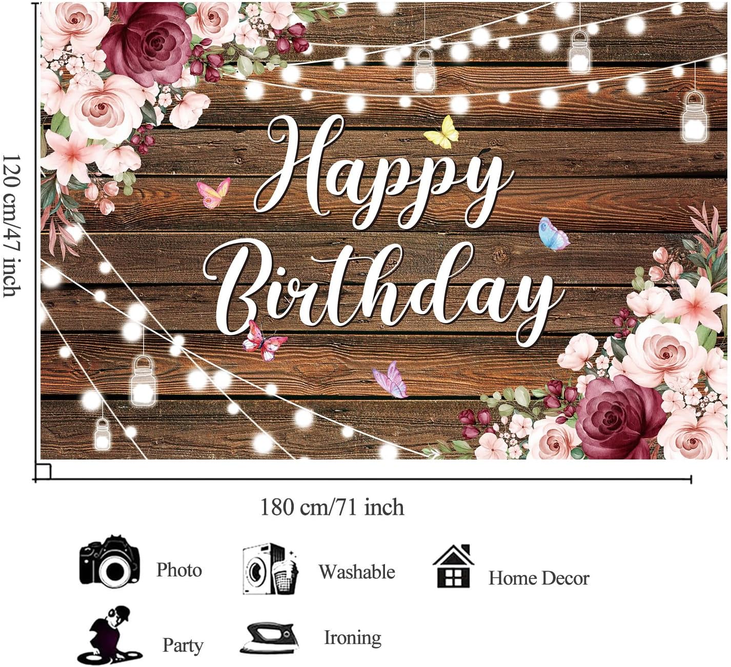 YinQin Rustic Wood Flower Happy Birthday Backdrop Cloth Banner 180x120cm