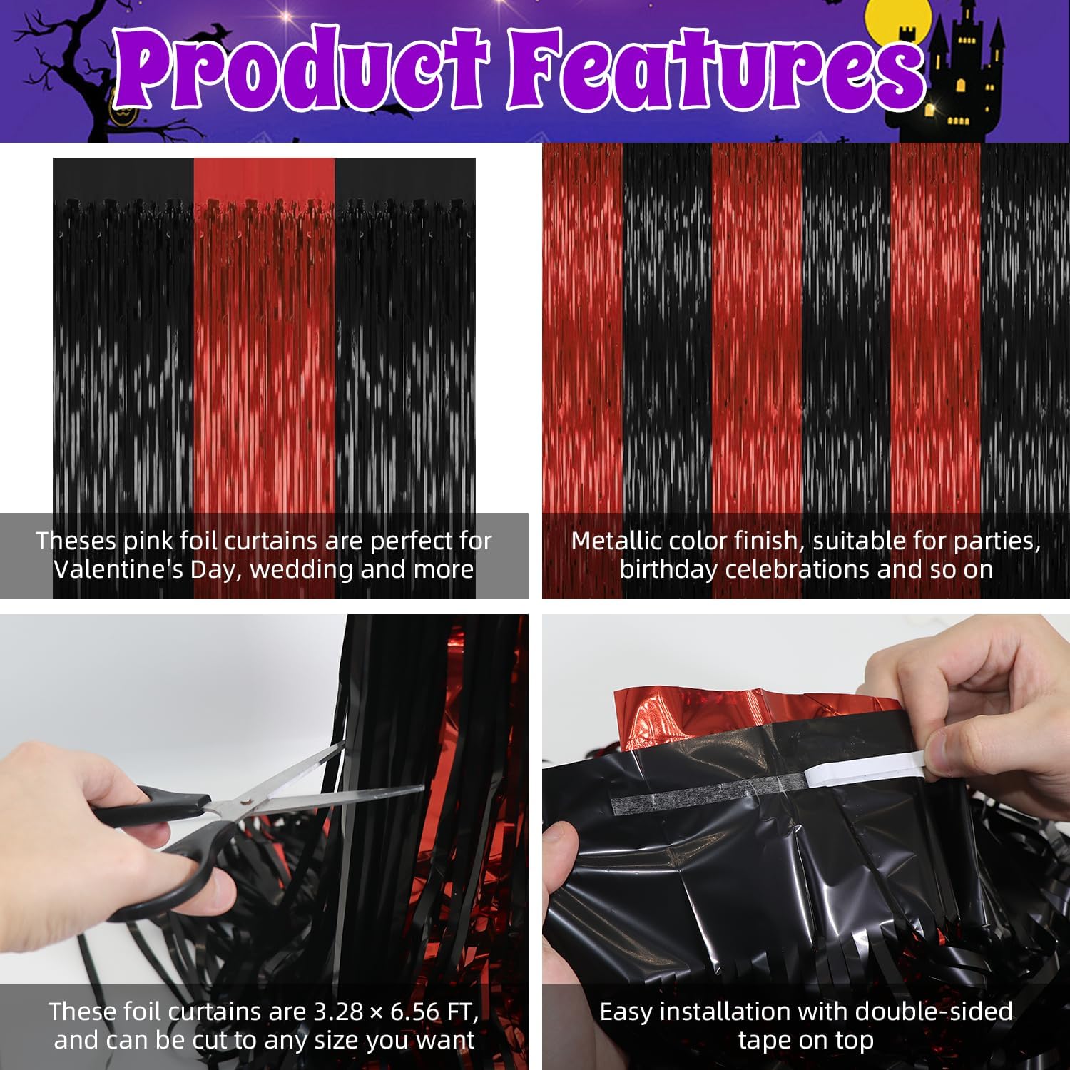 2 Pack Red Black Halloween Foil Backdrop Curtains