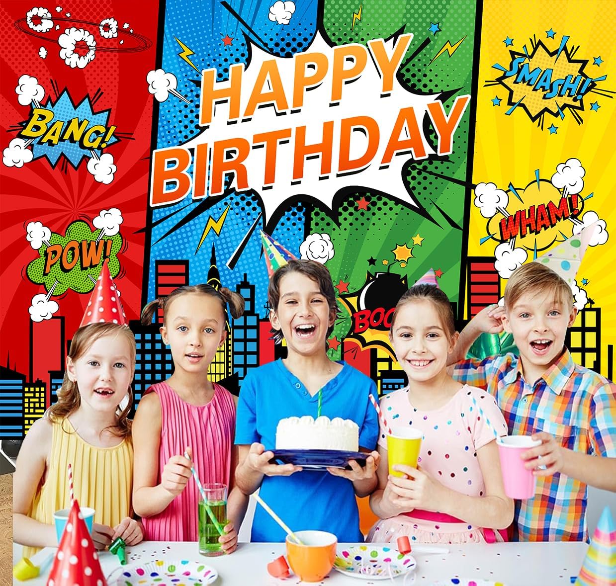 7x5FT Cartoon Superhero Cityscape Birthday Party Backdrop