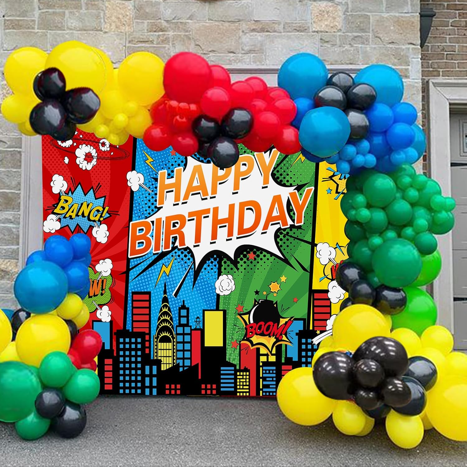 7x5FT Cartoon Superhero Cityscape Birthday Party Backdrop