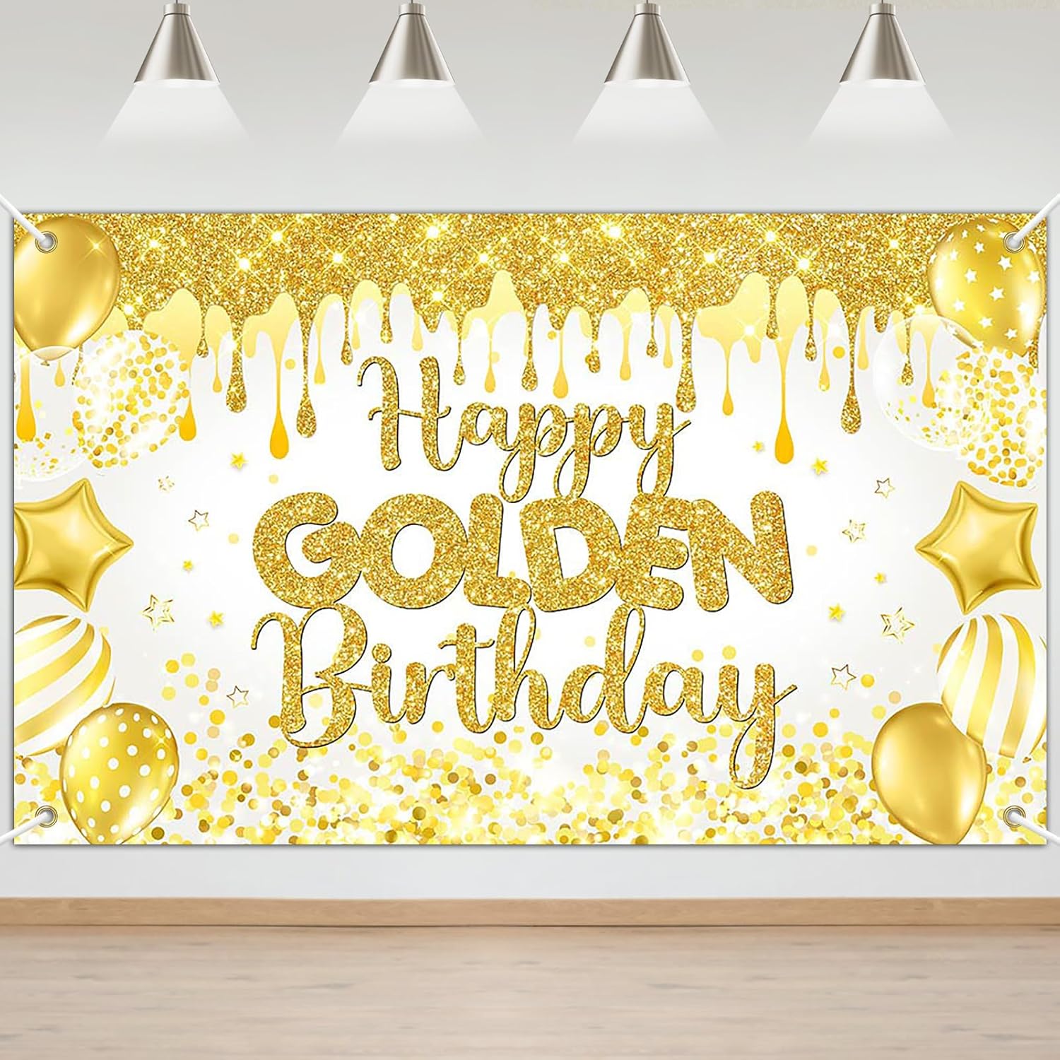 Happy Golden Birthday Backdrop with Balloons and Glitter