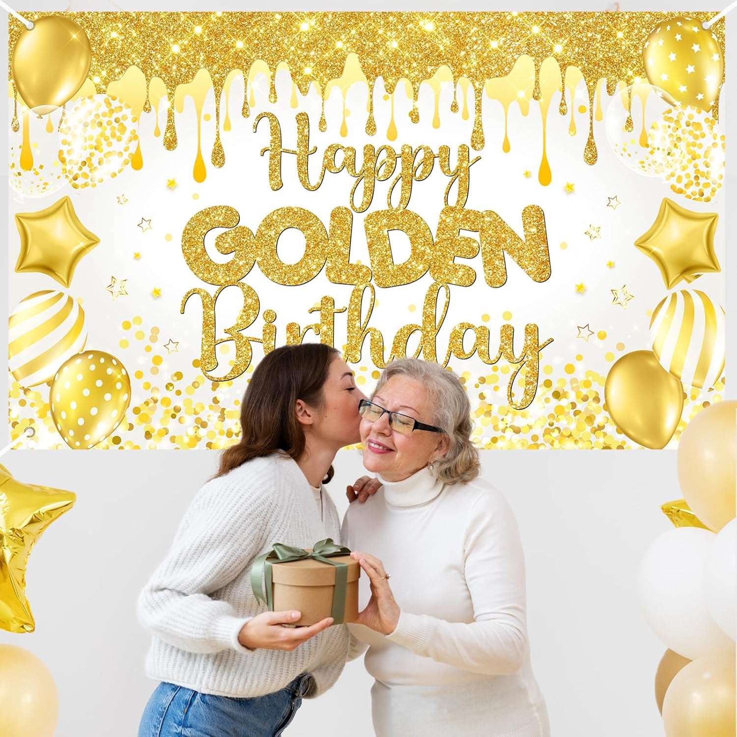 Happy Golden Birthday Backdrop with Balloons and Glitter