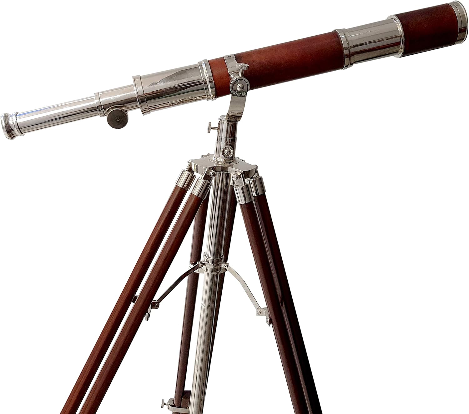 Antique Brass Tube Telescope with Brown Wood Tripod