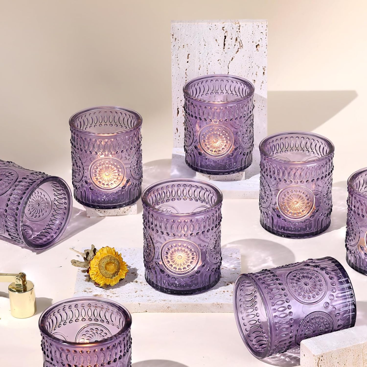8oz Purple Embossed Glass Candle Jars Set of 8