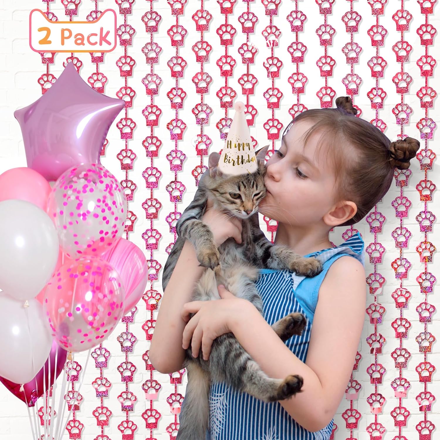 Pink Cat Paw Foil Fringe Curtains 2 Pack