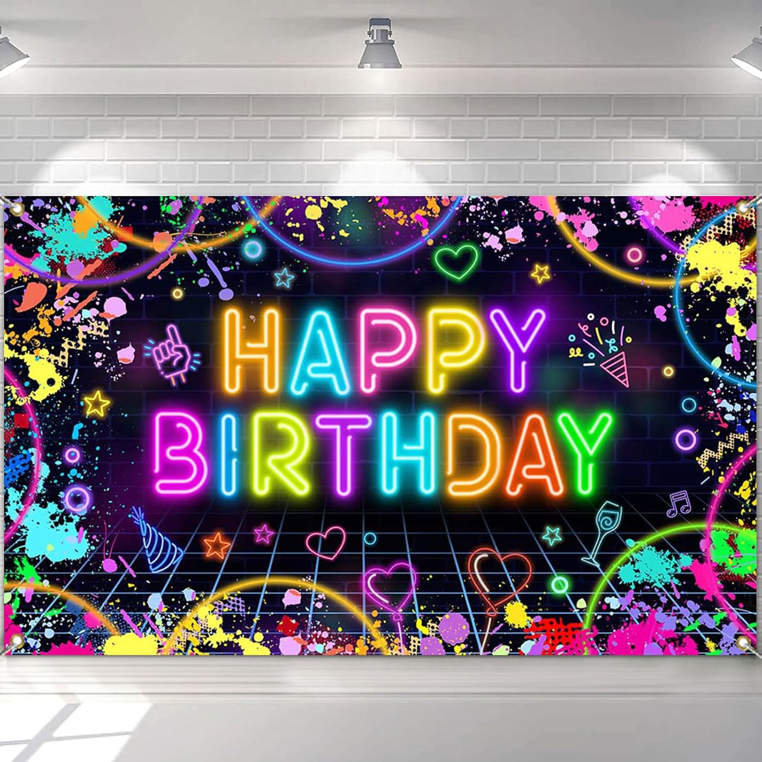 Glow in the Dark Neon Birthday Backdrop Banner
