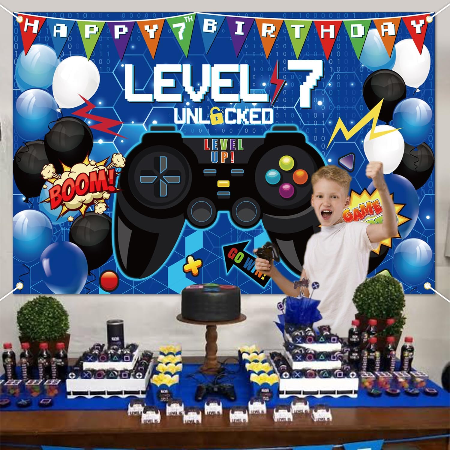 6ft x 4ft Gaming Birthday Backdrop Set with Ribbon
