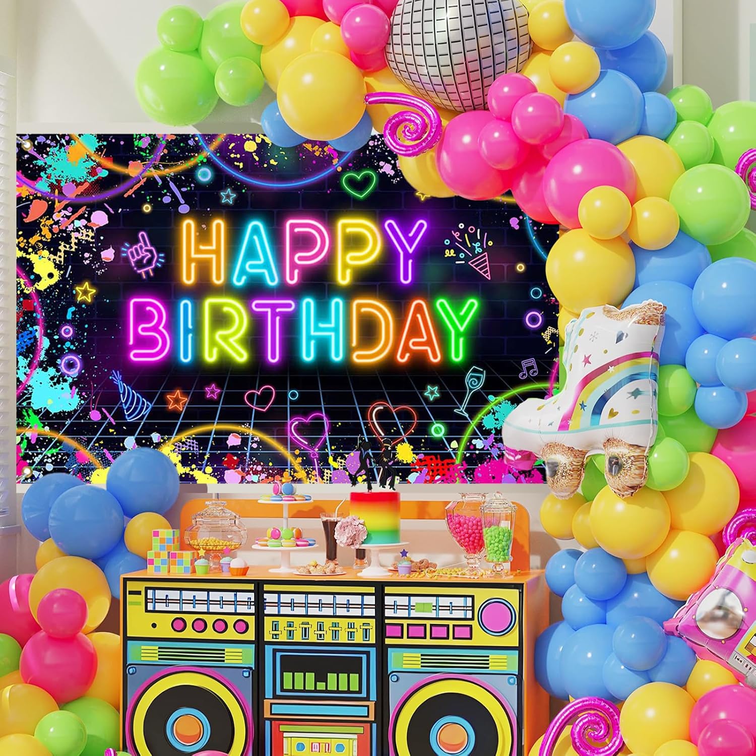 Glow in the Dark Neon Birthday Backdrop Banner