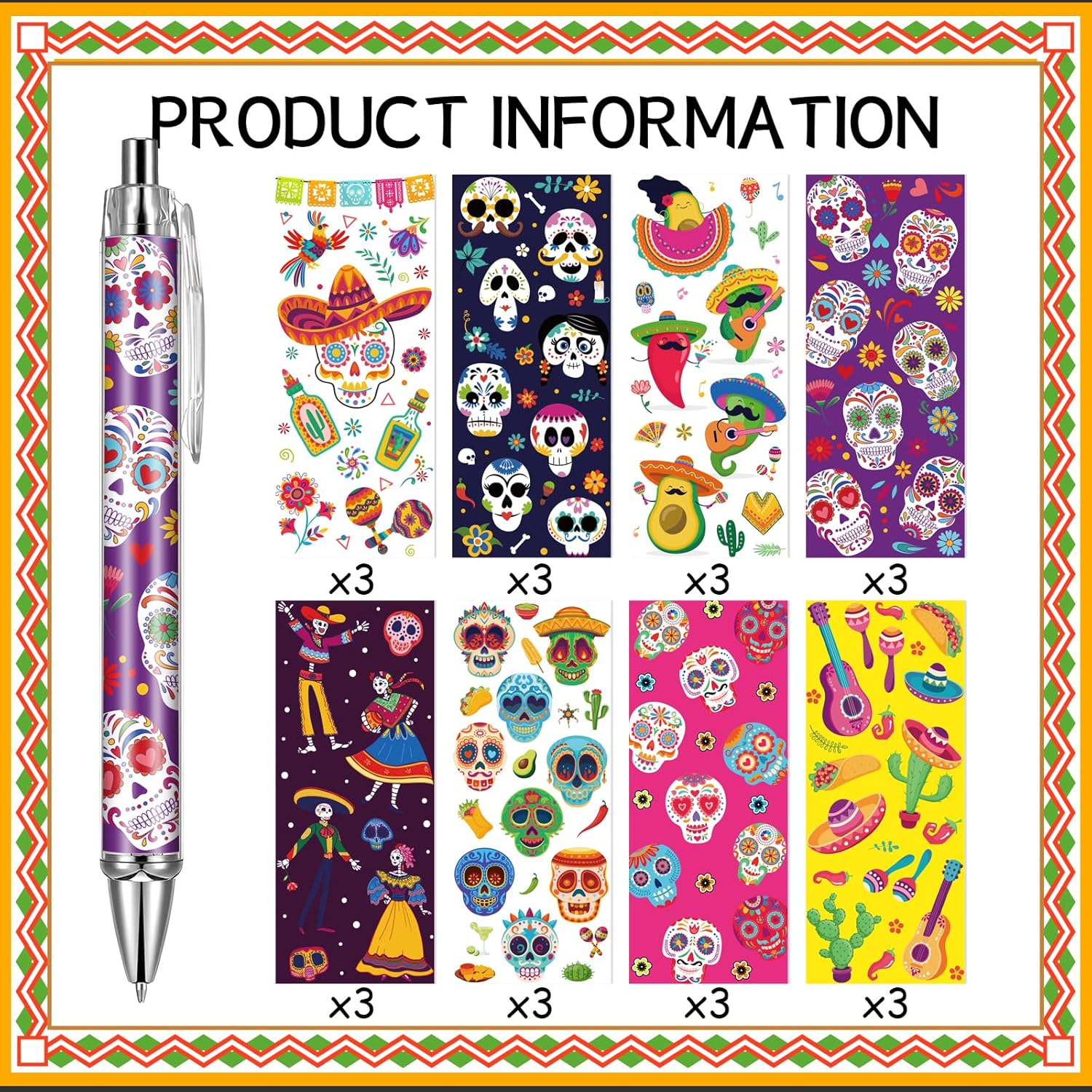 Sugar Skull Ballpoint Pens 24-Pack Colorful Retractable