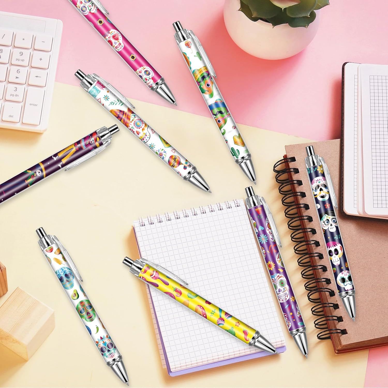 Sugar Skull Ballpoint Pens 24-Pack Colorful Retractable
