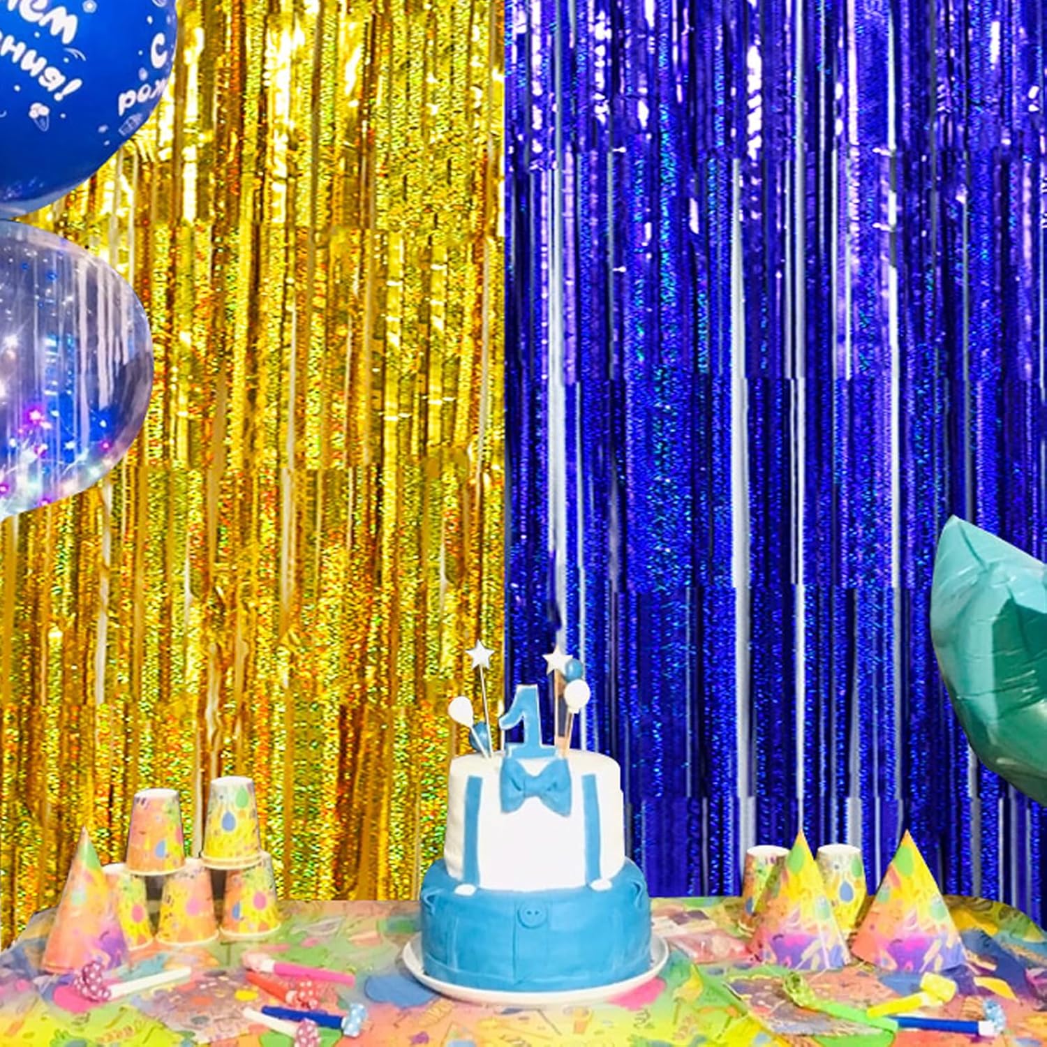 BEISHIDA 4Pcs Blue and Gold Party Streamers Curtain