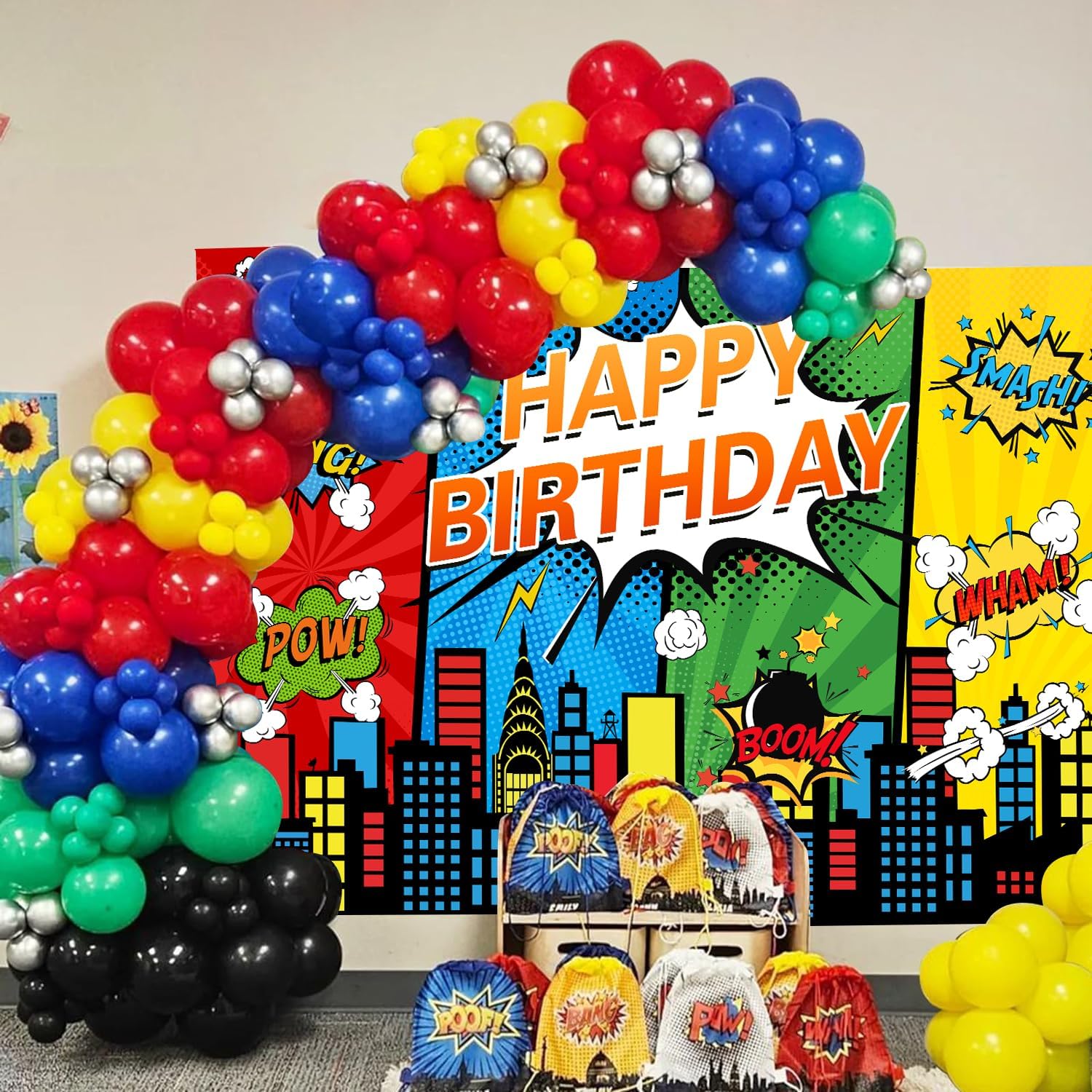 7x5FT Cartoon Superhero Cityscape Birthday Party Backdrop