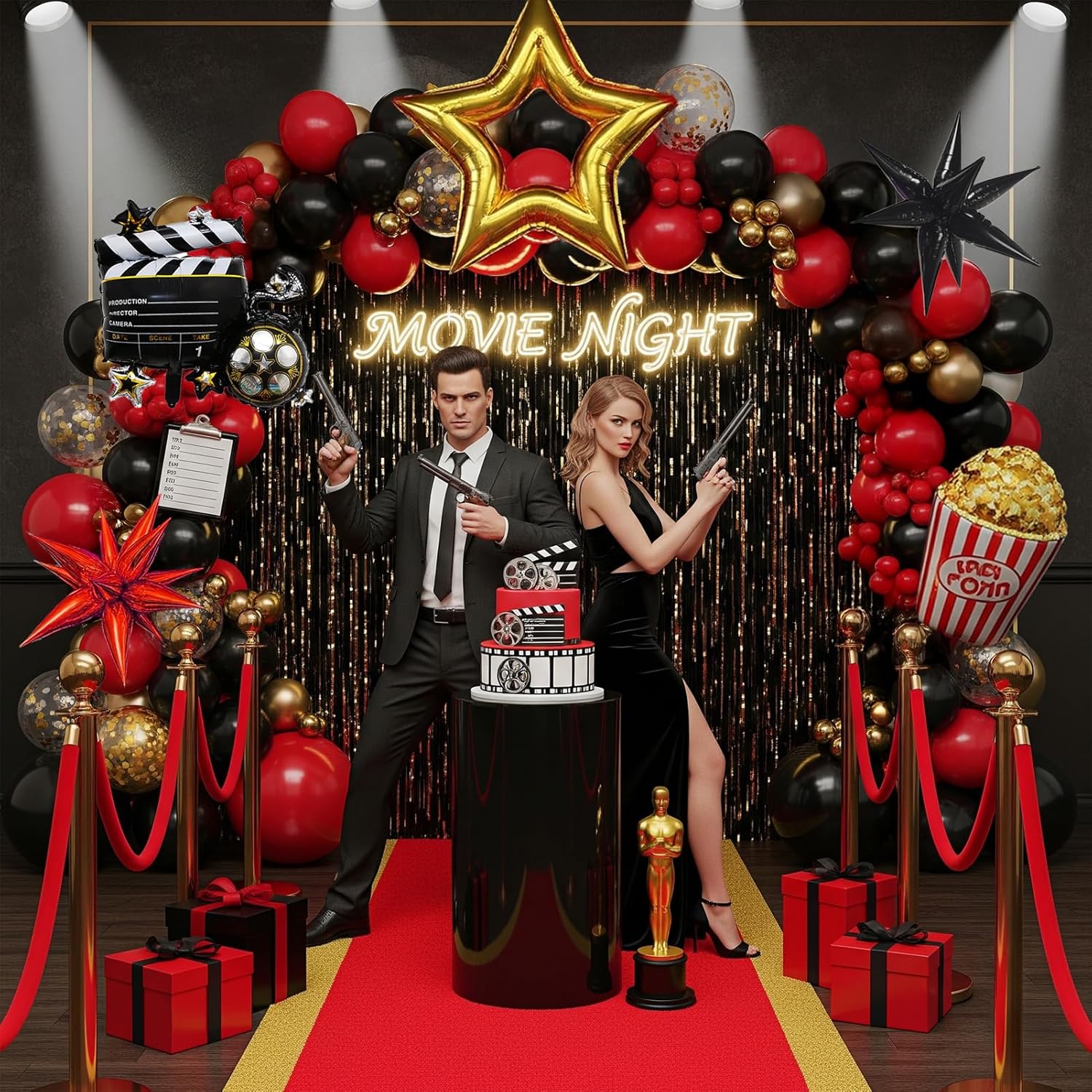 Movie Night Balloon Garland Arch Set Red Black Gold